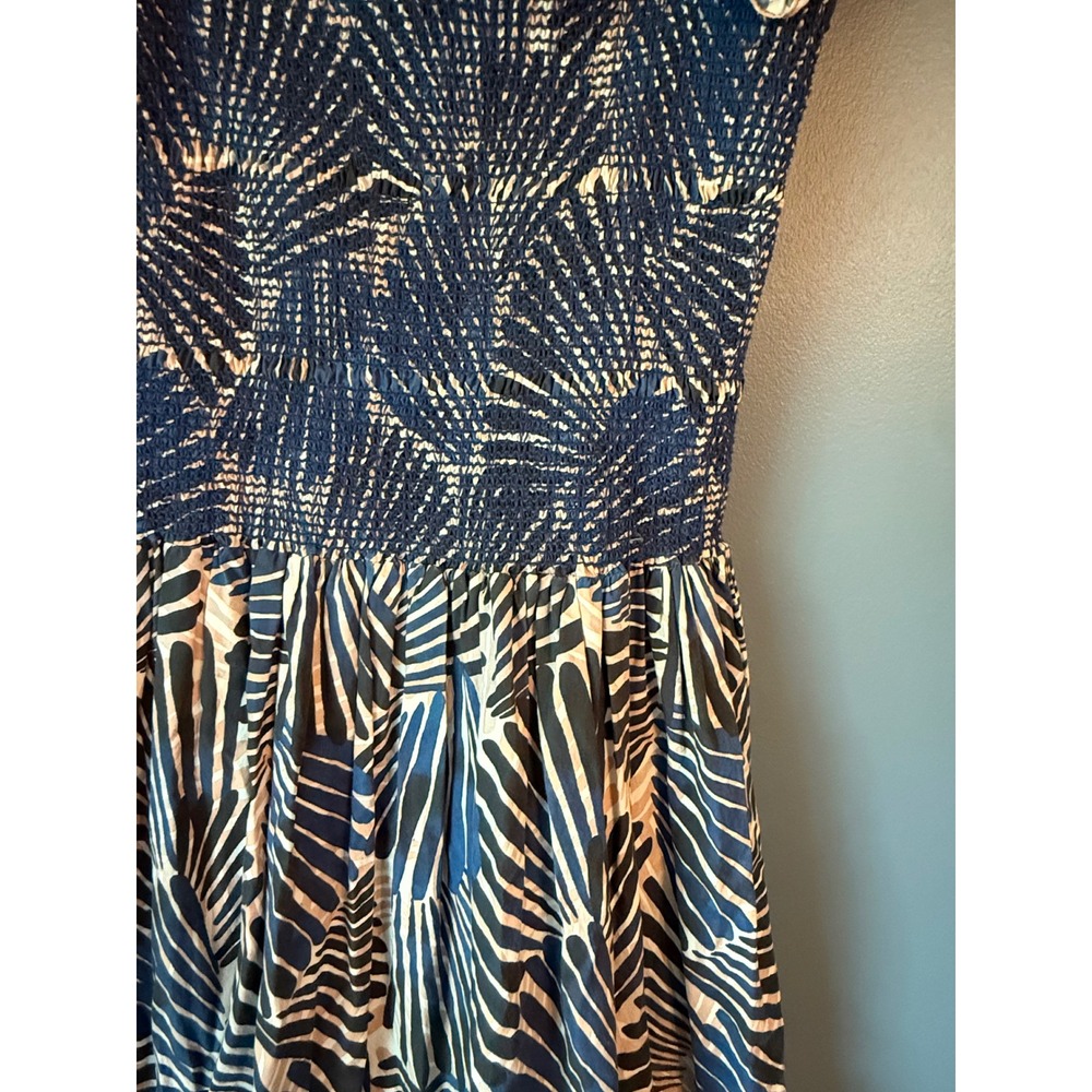 Cara Cara Blue Palm Print Smocked Midi Dress Ruffle Sleeve Cotton Medium - Picture 3 of 6
